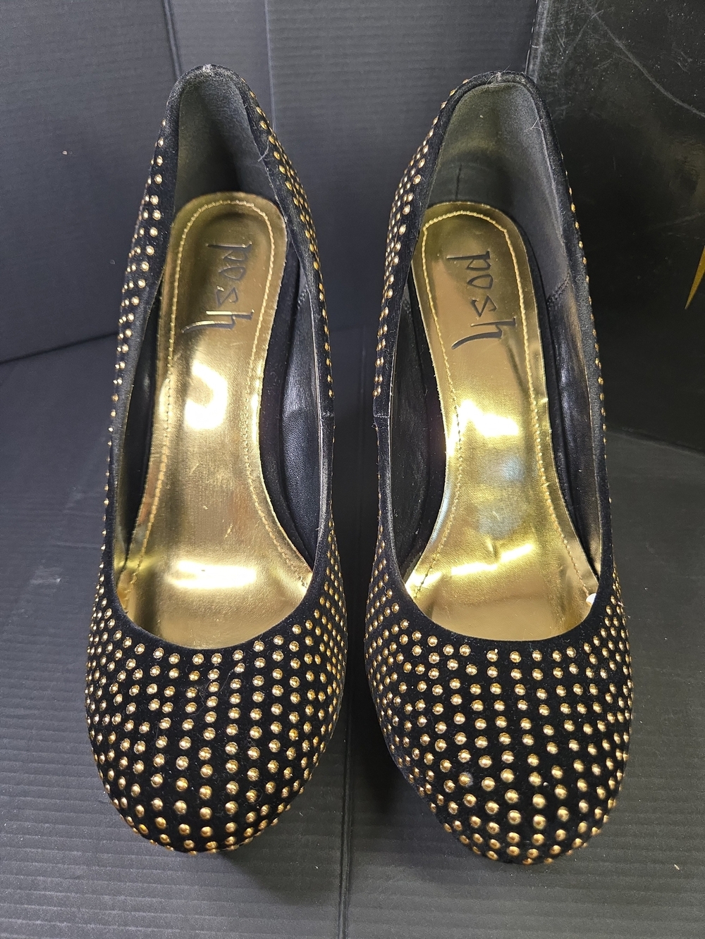 Posh Megan Black and Gold Studded Wedge Platform Pumps Size 10